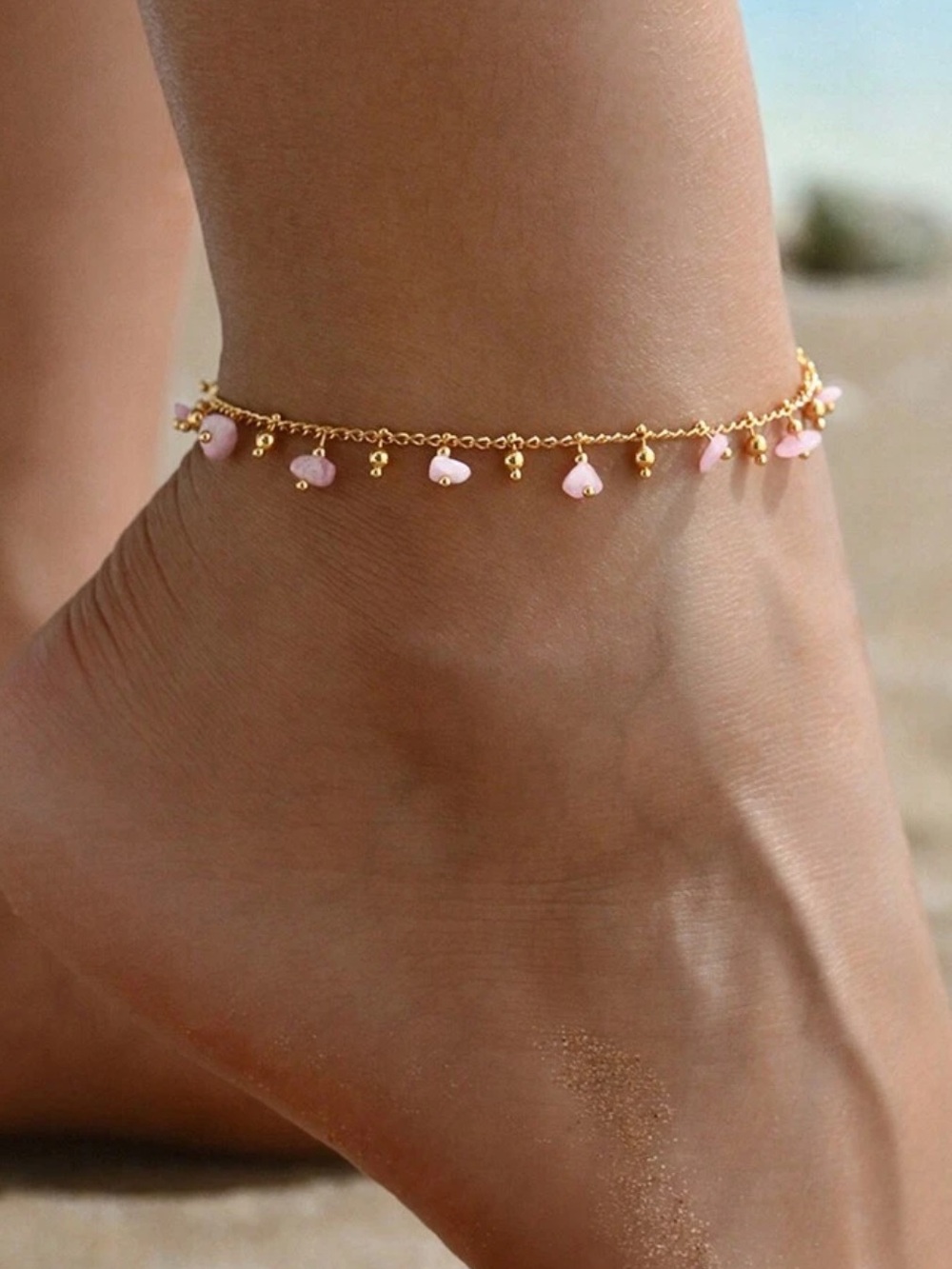 Anthropologie Gold Anklet with Pink Bead Charms R 604